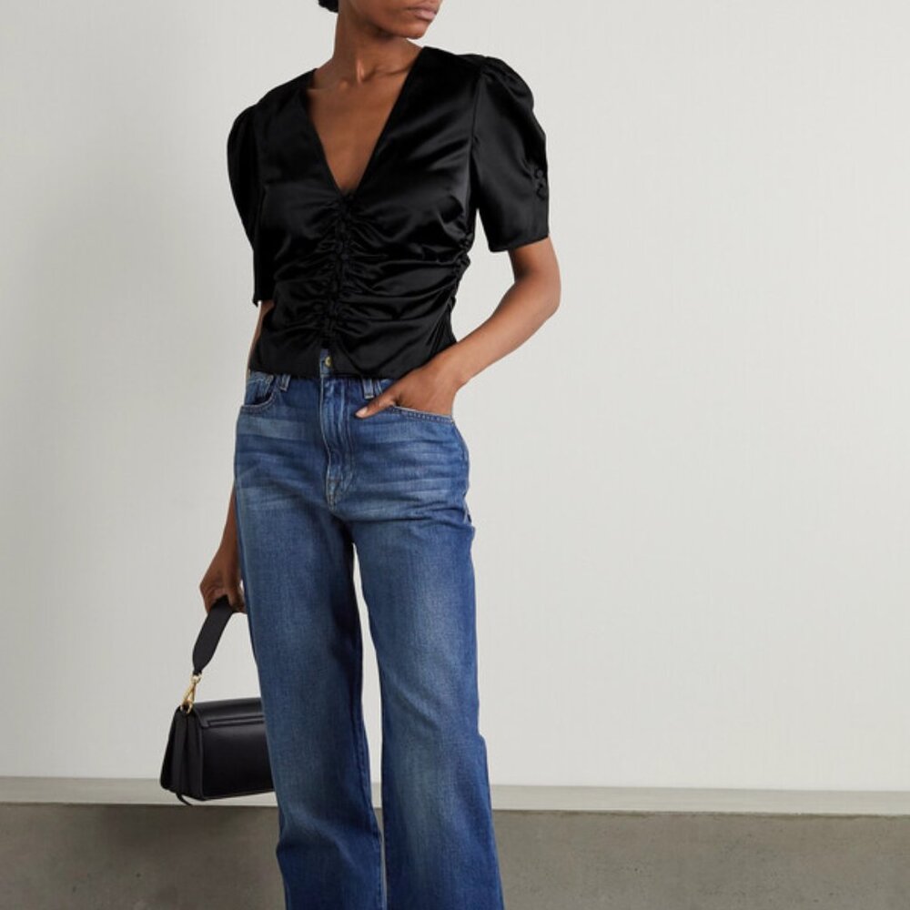 Frame Camile Ruched Stretch-silk Satin Top - Black - Size Small